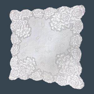 Vintage White Roses Scalloped Victorian Floral Embroidered Handkerchief Hanky